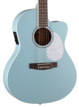Light blue acoustic guitar with a white pearloid pickguard, wooden bridge, and a circular sound hole. The body has a cutaway design.