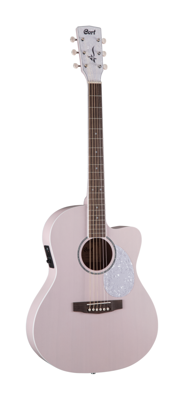 Light pink acoustic guitar with a cutaway body, six strings, white pearloid pickguard, chrome tuners, and decorative inlay on the headstock.