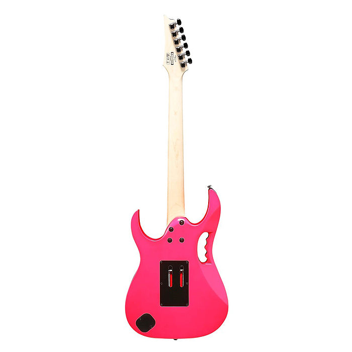 Bright pink electric guitar shown from the back, featuring a natural wood neck, contoured body with a grip cutout, and black control panels.
