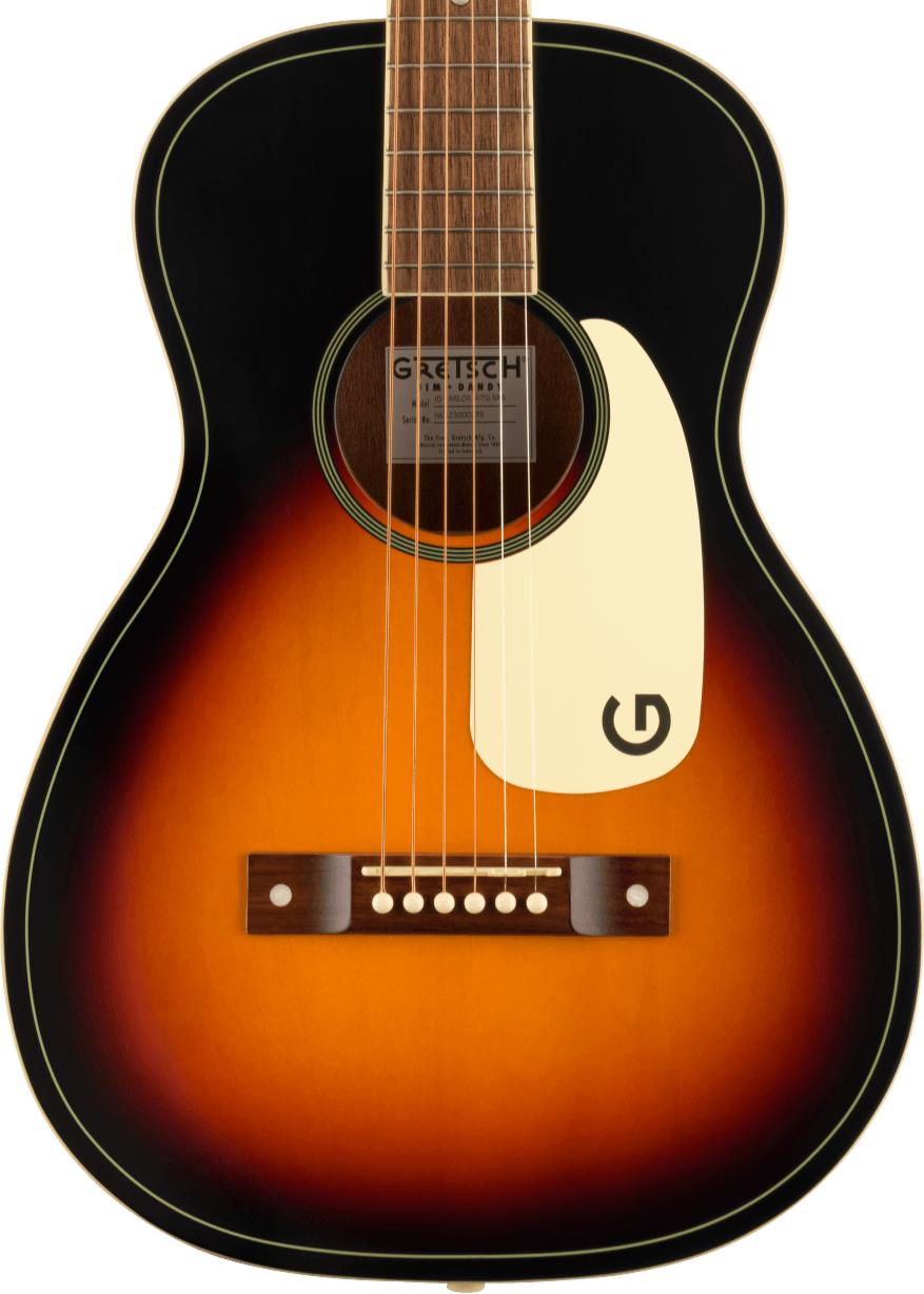 Sunburst acoustic guitar with a dark outer edge, light center, cream pickguard, six strings, wooden bridge, and a round sound hole.