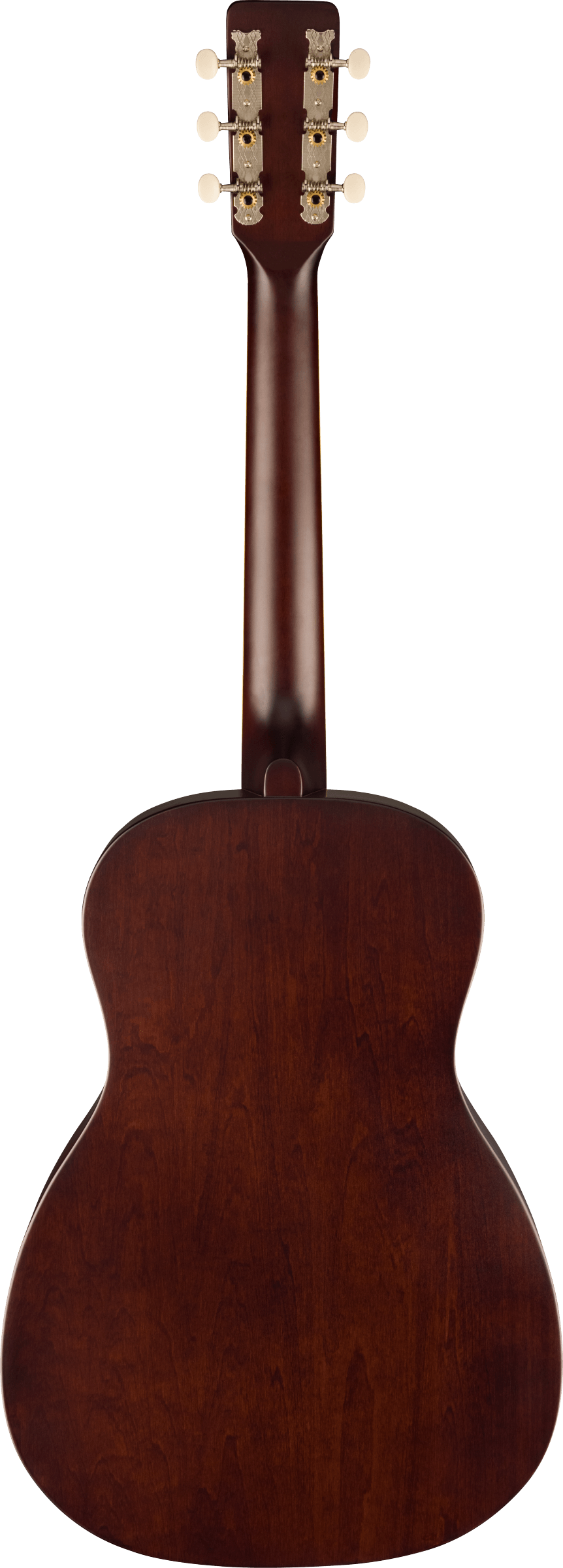 Back view of an acoustic guitar showing rich dark brown wood grain, six vintage-style tuners with cream knobs, and a smooth neck.