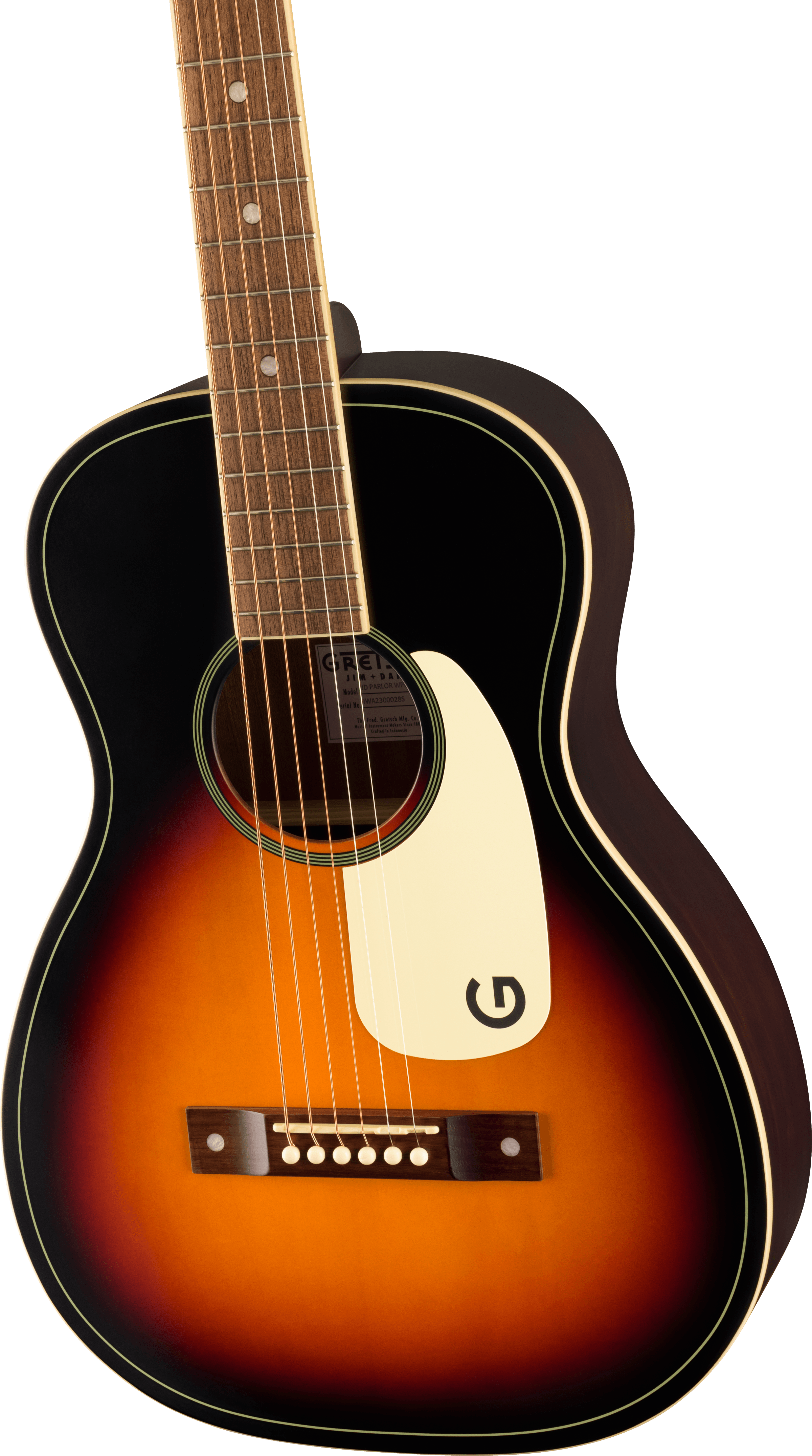 Acoustic guitar with a sunburst finish, cream pickguard featuring a "G", six strings, dot inlays on the fretboard, and dark edges around the body.