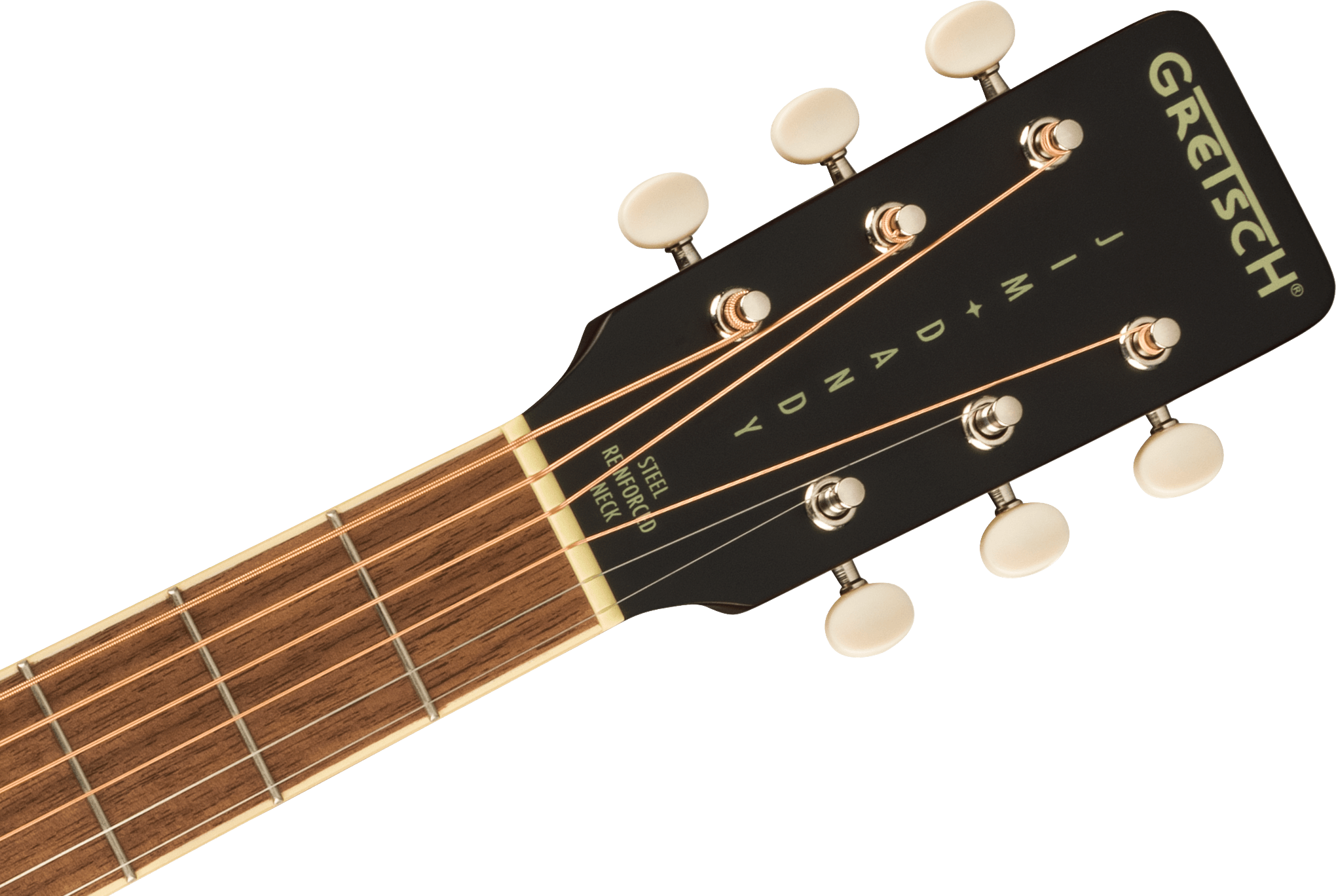 Close-up of a Gretsch acoustic guitar headstock with six tuning pegs and “Jim Dandy” written between the strings.