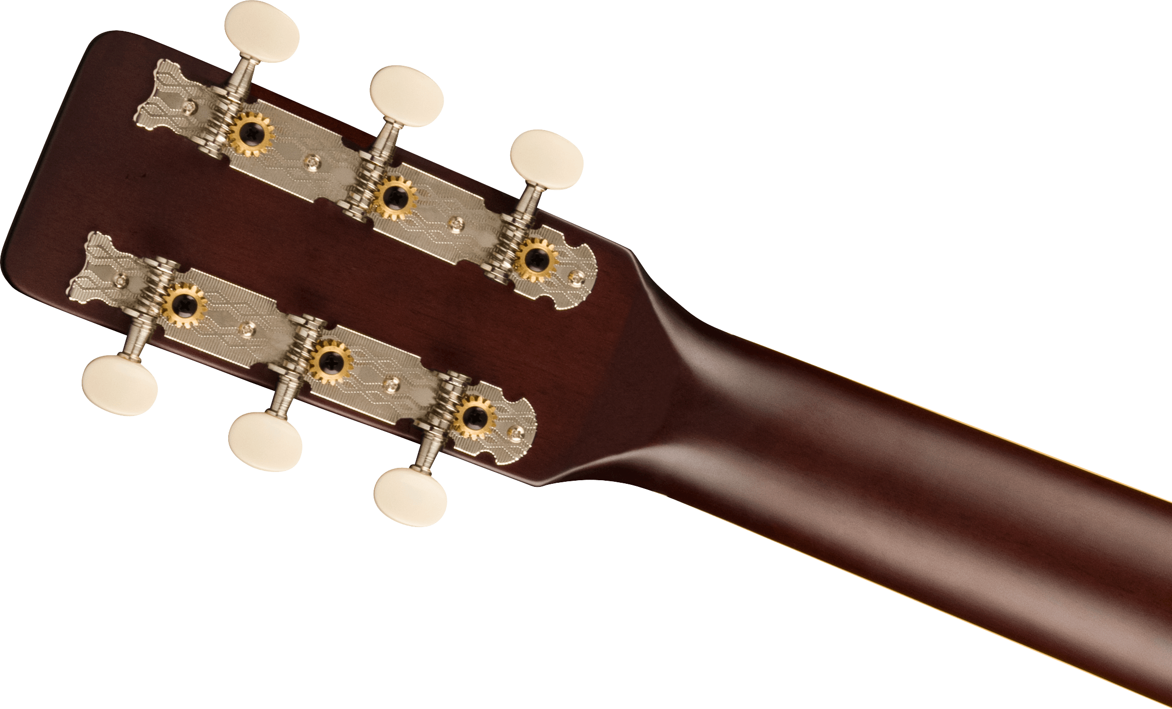 Six white tuning pegs with ornate silver and gold gears on the dark wooden headstock and neck of an acoustic guitar.