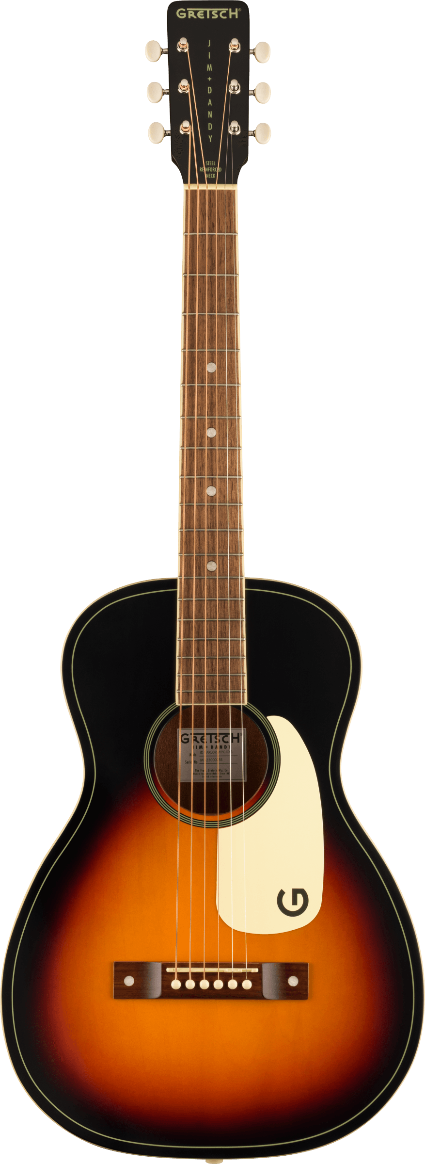 Small-bodied acoustic guitar with a sunburst finish, white pickguard, six strings, dot inlays on the fretboard, and "Gretsch" on the headstock.