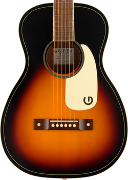 Sunburst acoustic guitar with a dark outer edge, light center, cream pickguard, six strings, wooden bridge, and a round sound hole.