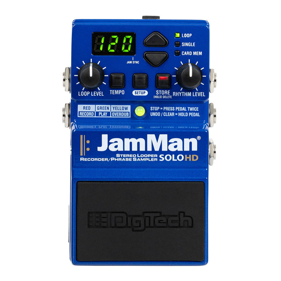 Blue DigiTech JamMan Solo HD effects pedal with display, knobs for loop and rhythm level, buttons for tempo and setup, and a large black footswitch.