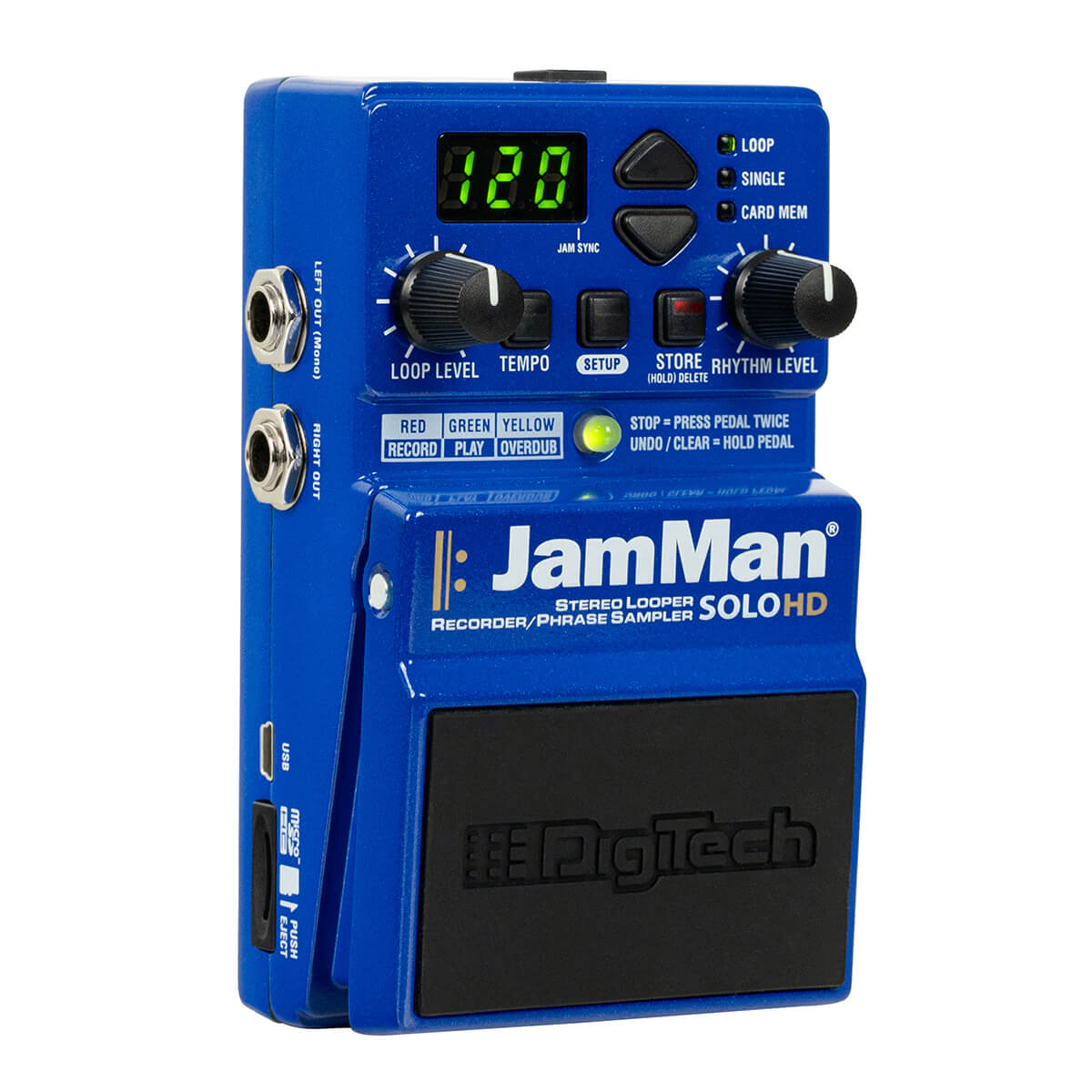 Blue Digitech JamMan Solo HD effects pedal with two round knobs, LED display showing 120, various buttons, and input/output jacks on the side.