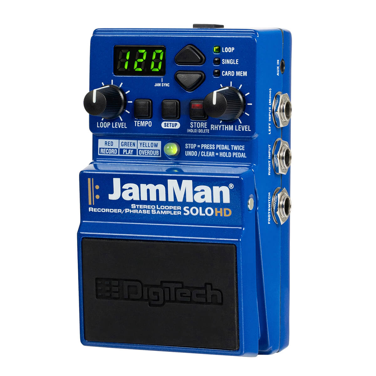 Blue Digitech JamMan Solo HD looper effects pedal with footswitch, control knobs, digital display reading 120, and multiple input/output jacks.