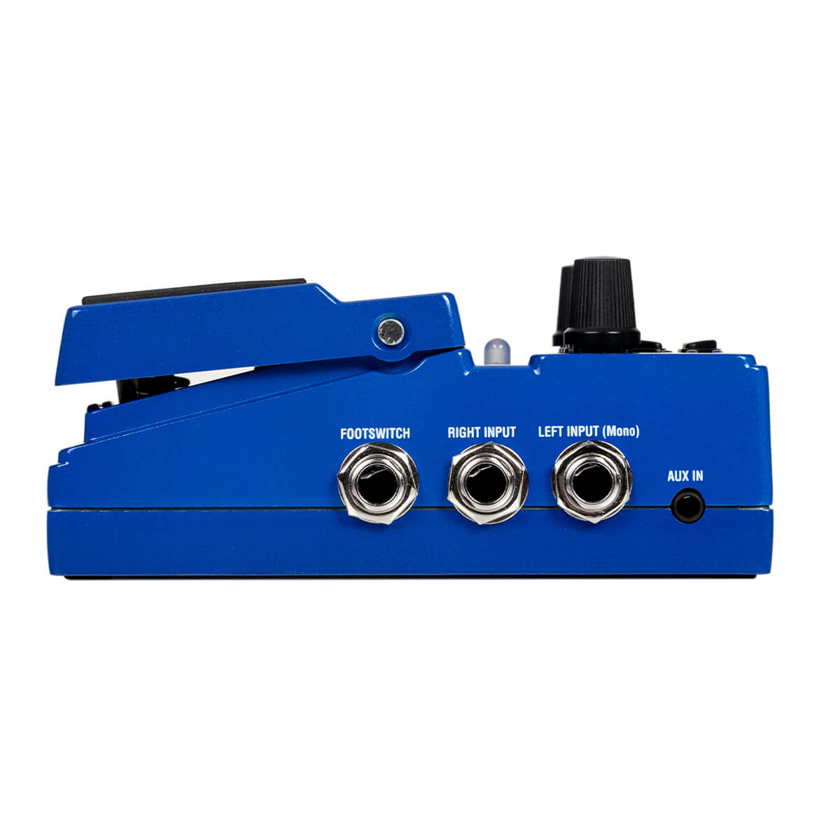Bright blue effects pedal with a black knob, three large input jacks labeled footswitch, right, and left, and a small aux input on the side.