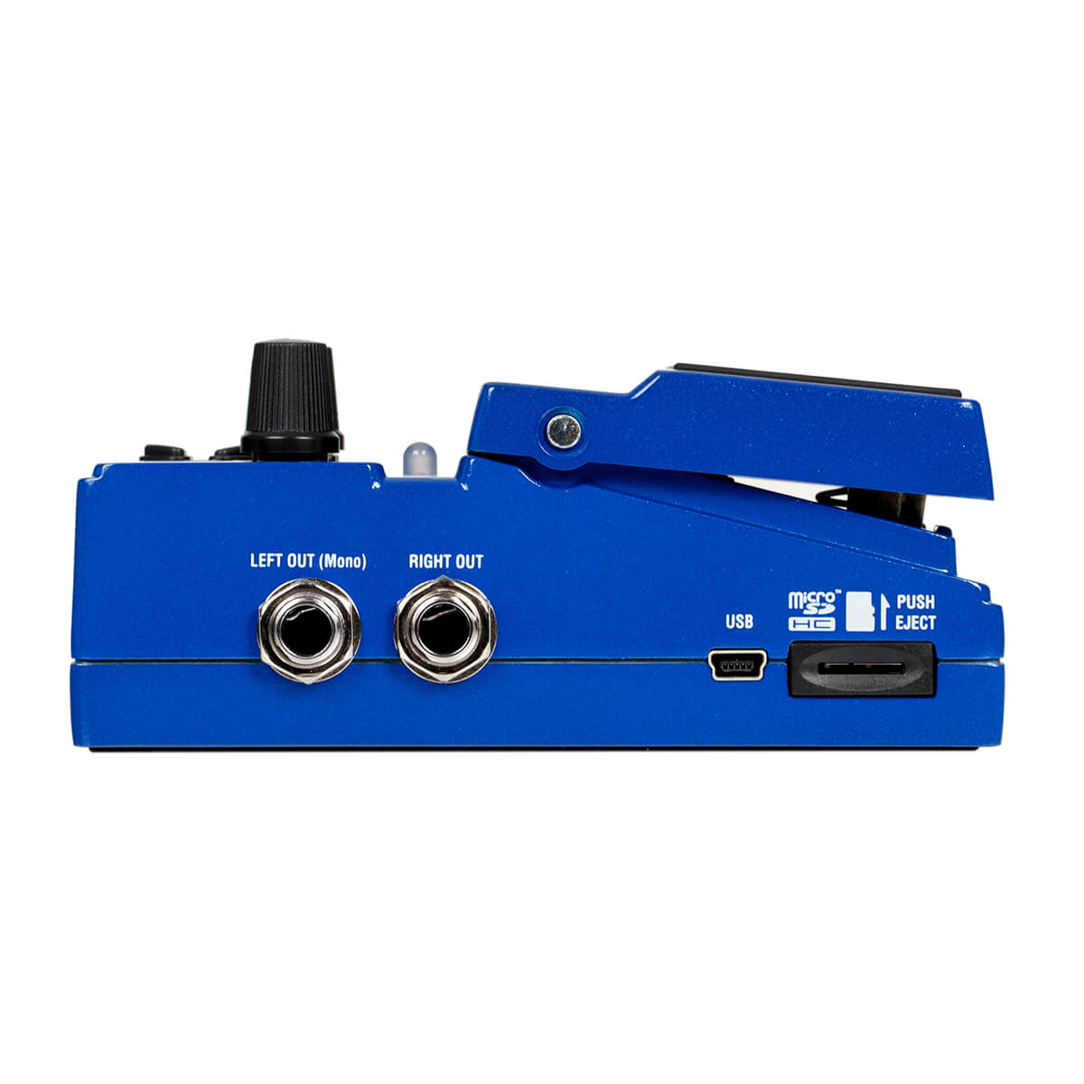 Blue effects pedal with two output jacks, a USB port, a microSD card slot labeled push eject, and a large black control knob on top.