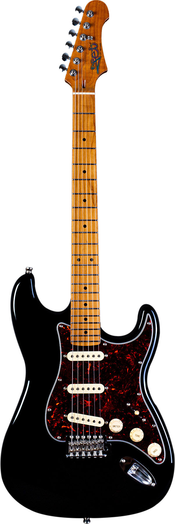 Electric guitar with a glossy black body, red tortoiseshell pickguard, three white pickups, maple neck, and chrome hardware.