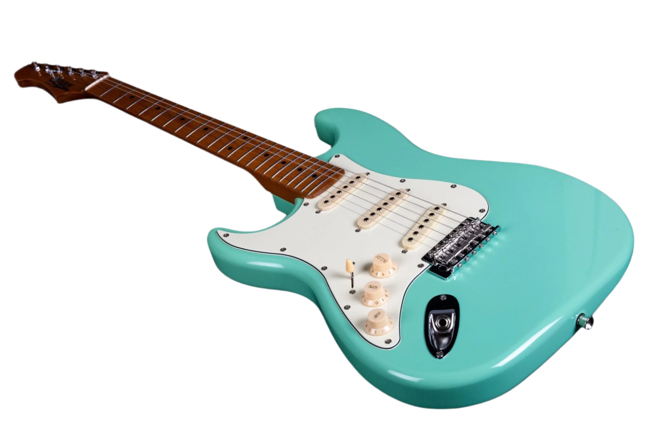 Aqua blue electric guitar with a white pickguard, maple neck, three single-coil pickups, and cream knobs, viewed from an angle against a white background.
