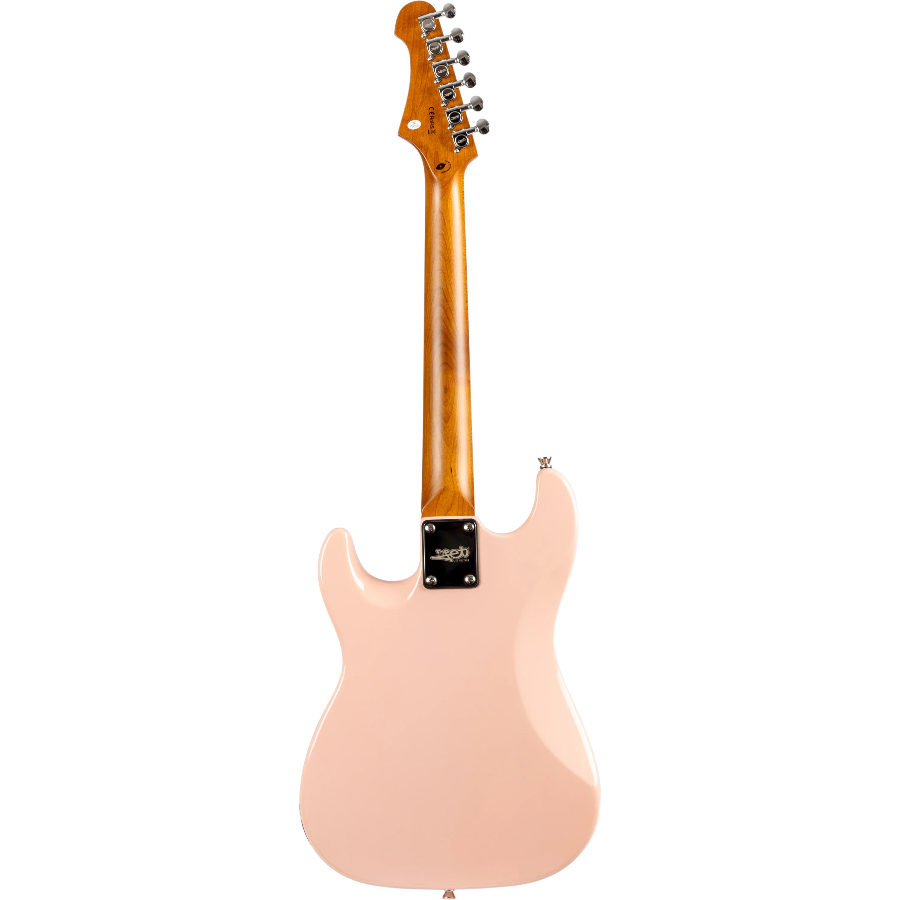 Electric guitar with a light pink body, natural wood neck, six tuning pegs, and a four-bolt metal neck plate, shown from the back.