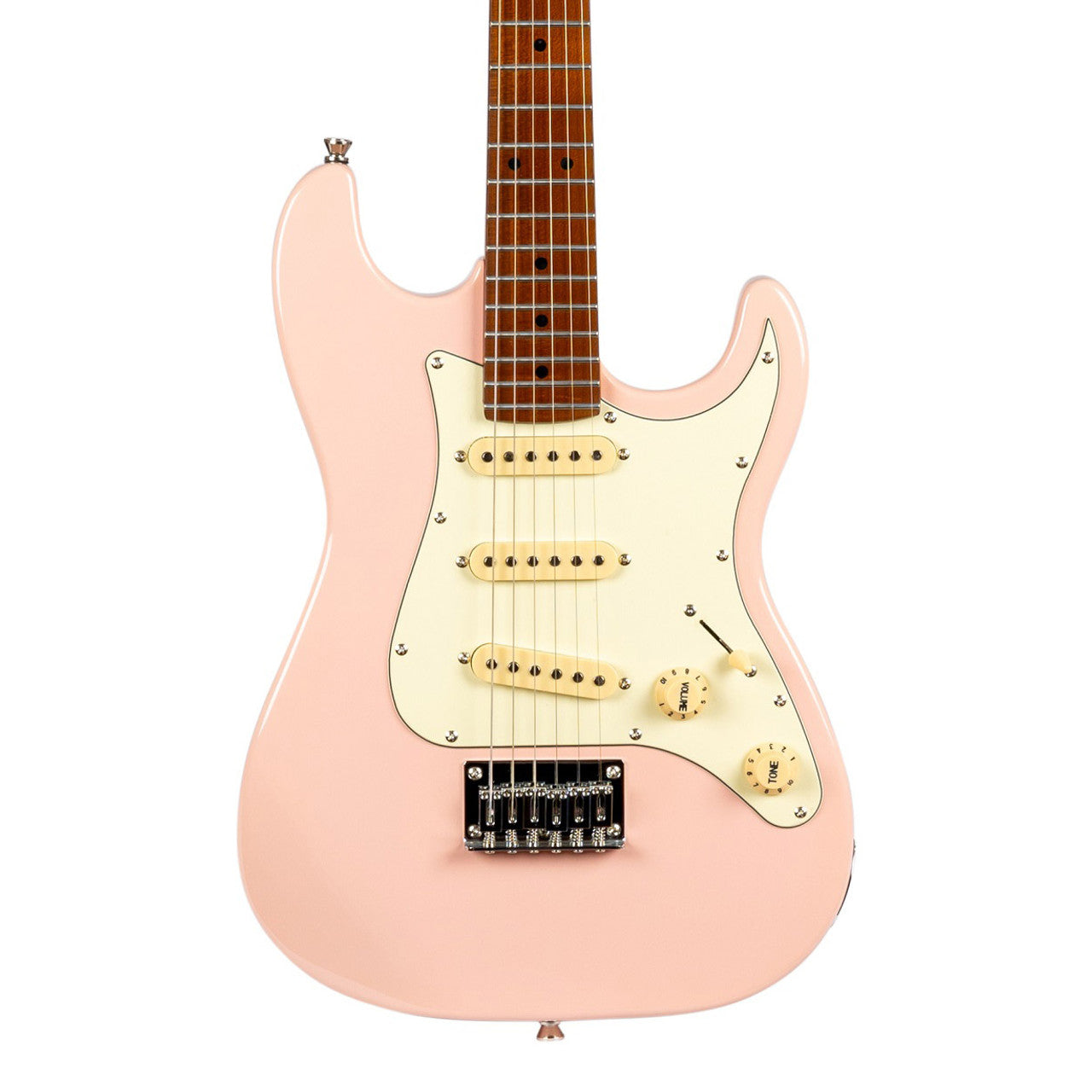 Light pink electric guitar with a white pickguard, three single-coil pickups, and a brown fingerboard.