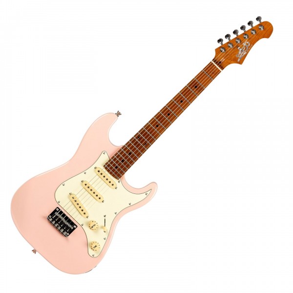 Electric guitar with a light pink body, white pickguard, three single-coil pickups, brown fretboard, and six tuning pegs on the headstock.