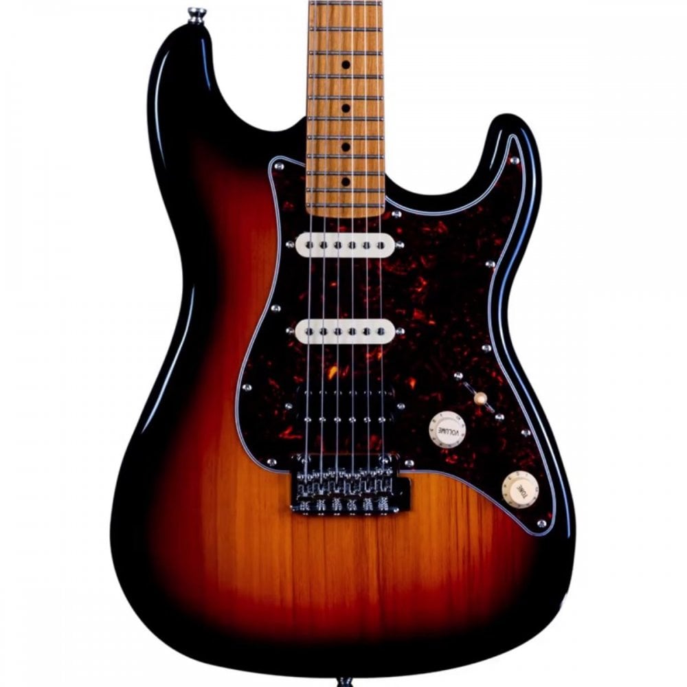 Sunburst electric guitar with a glossy finish, dark edge, tortoiseshell pickguard, white pickups, and maple neck with visible fret markers.