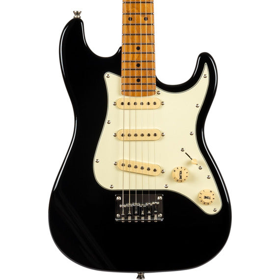 Black electric guitar with a white pickguard, three single-coil pickups, and maple neck featuring dot inlays.