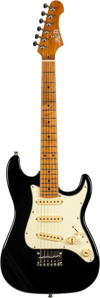 Black electric guitar with a glossy body, cream pickguard, three single-coil pickups, and a maple neck with dark dot inlays and six tuning pegs.