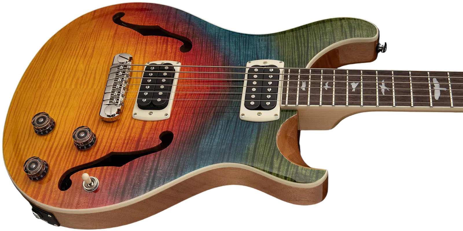 Paul Reed Smith semi-hollow electric guitar with dual humbuckers, four knobs, sunburst to blue-green finish, bird inlays on a rosewood fretboard.