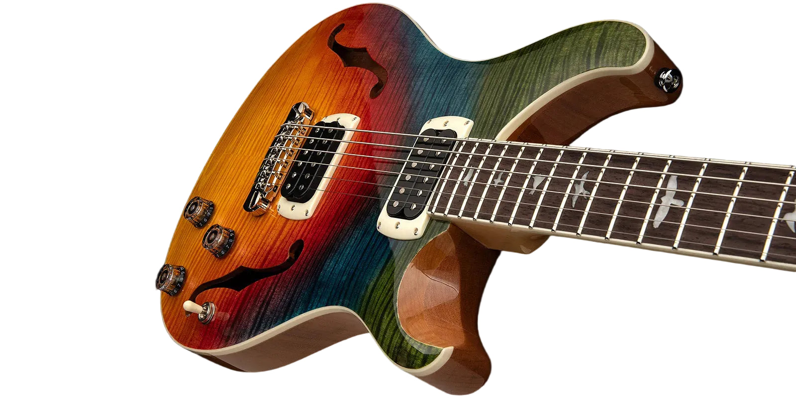 Paul Reed Smith electric guitar with a sunburst-to-green rainbow finish, two humbucker pickups, semi-hollow f-holes, and bird inlays on the fretboard.