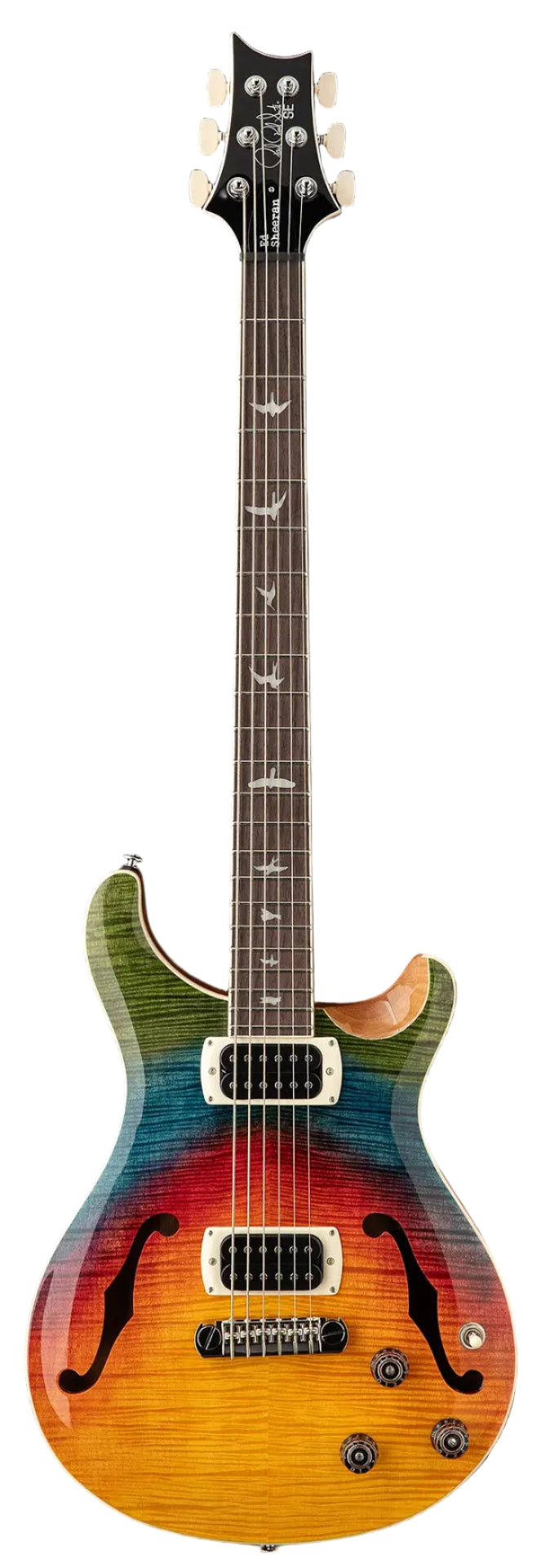 Paul Reed Smith semi-hollow electric guitar with a sunburst and rainbow finish, bird inlays on the fretboard, two humbucker pickups, and three knobs.