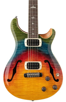 Paul Reed Smith electric guitar with a flamed maple top in a rainbow burst finish, dual humbuckers, f-holes, and bird inlays on the fretboard.