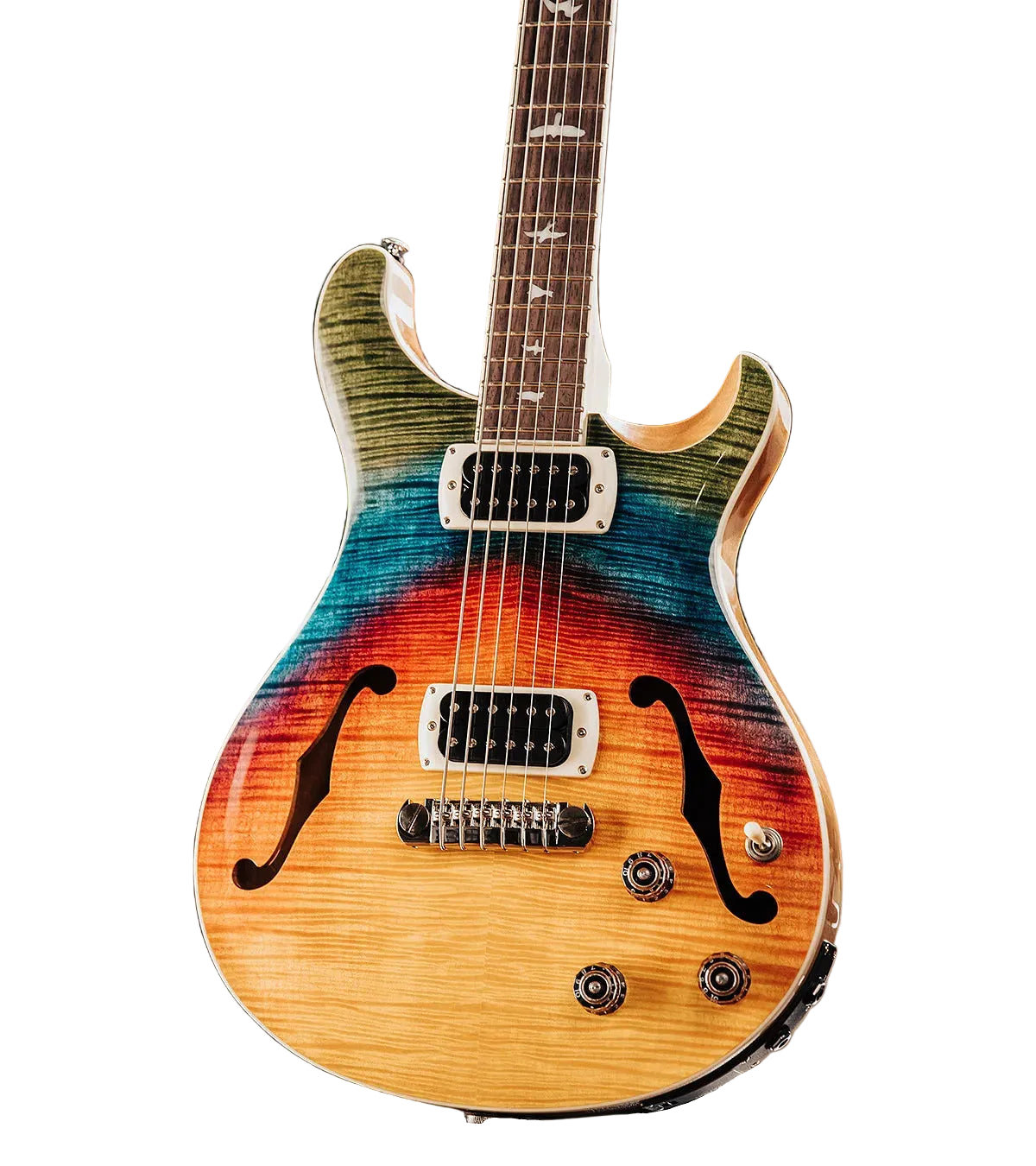 Paul Reed Smith electric guitar with a semi-hollow body, sunburst in green, blue, red, and natural wood, two humbucker pickups, and bird inlays.