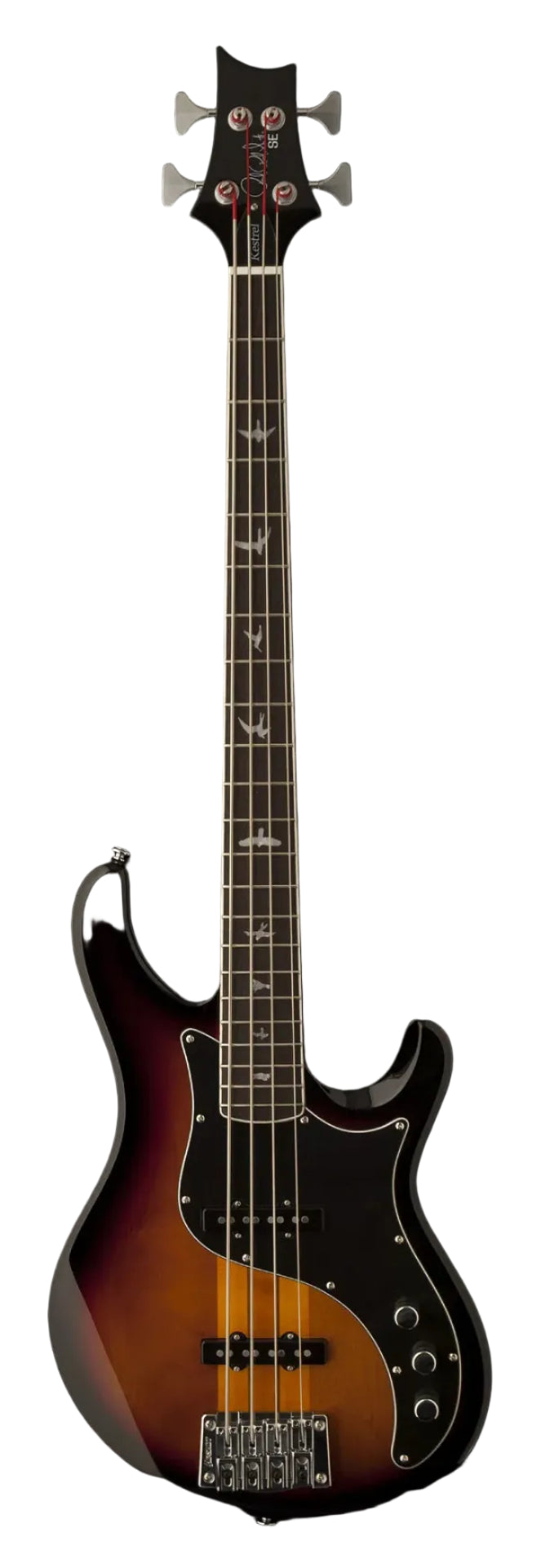 Four-string bass guitar with a sunburst finish, black pickguard, chrome hardware, and bird inlays along the dark fingerboard.