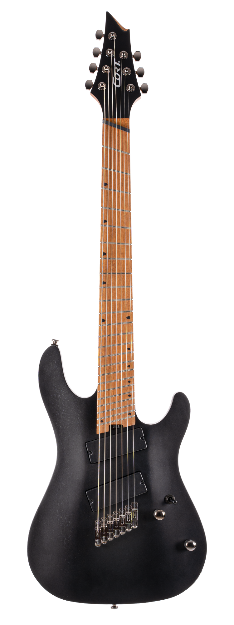 Matte black 8-string electric guitar with two humbucker pickups, a natural wood neck, and chrome hardware.