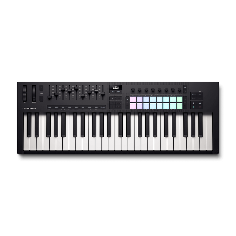 MIDI controller keyboard with 49 keys, sliders, knobs, 16 backlit performance pads, and various control buttons on a black panel.