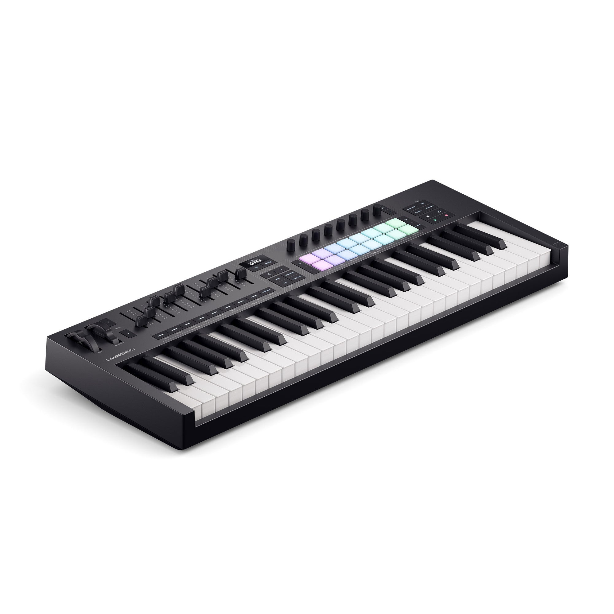 Black midi controller keyboard with 49 keys, 8 sliders, 8 knobs, pitch/mod wheels, and 16 square backlit pads in pastel colors above the keys.