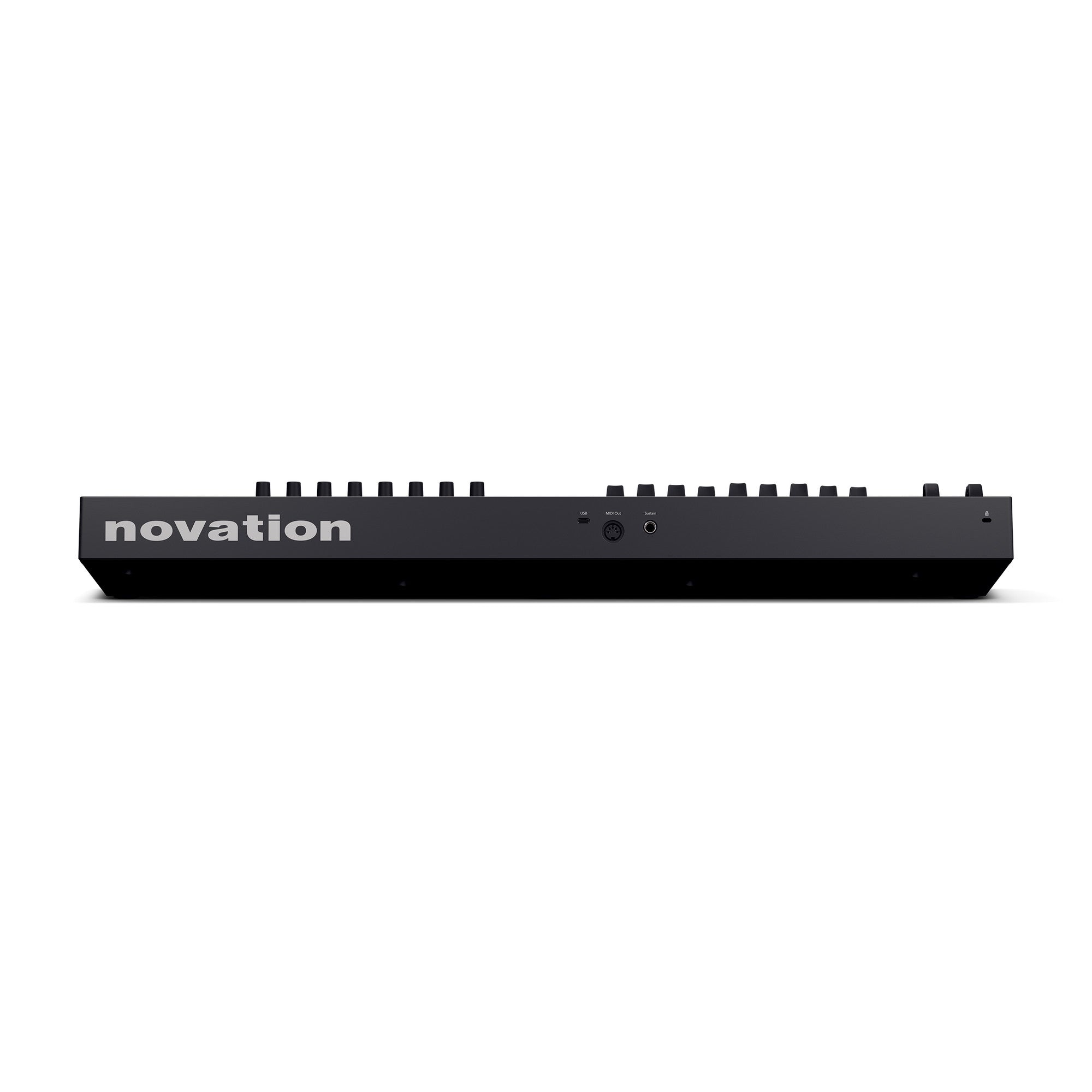 Side view of a black Novation MIDI controller, showing the brand name and several control knobs on top.