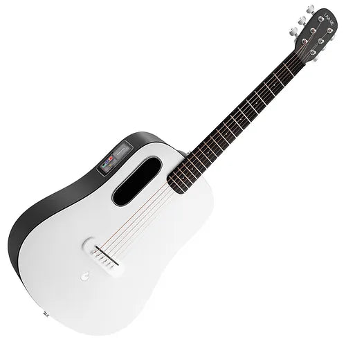 White acoustic guitar with a black back, brown fretboard, six strings, and a small touchscreen display near the sound hole.