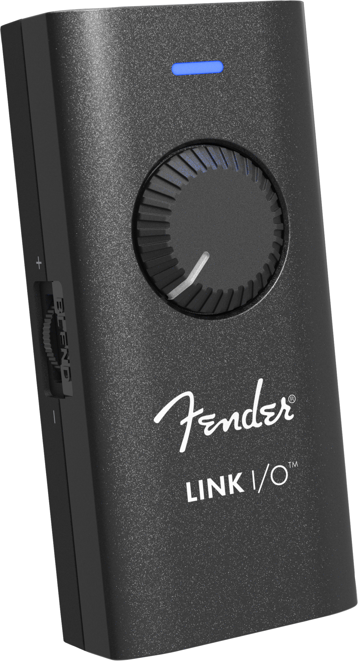 Compact black Fender LINK I/O audio interface with a large textured dial, blend slider on the side, blue LED, and white logo on the front.