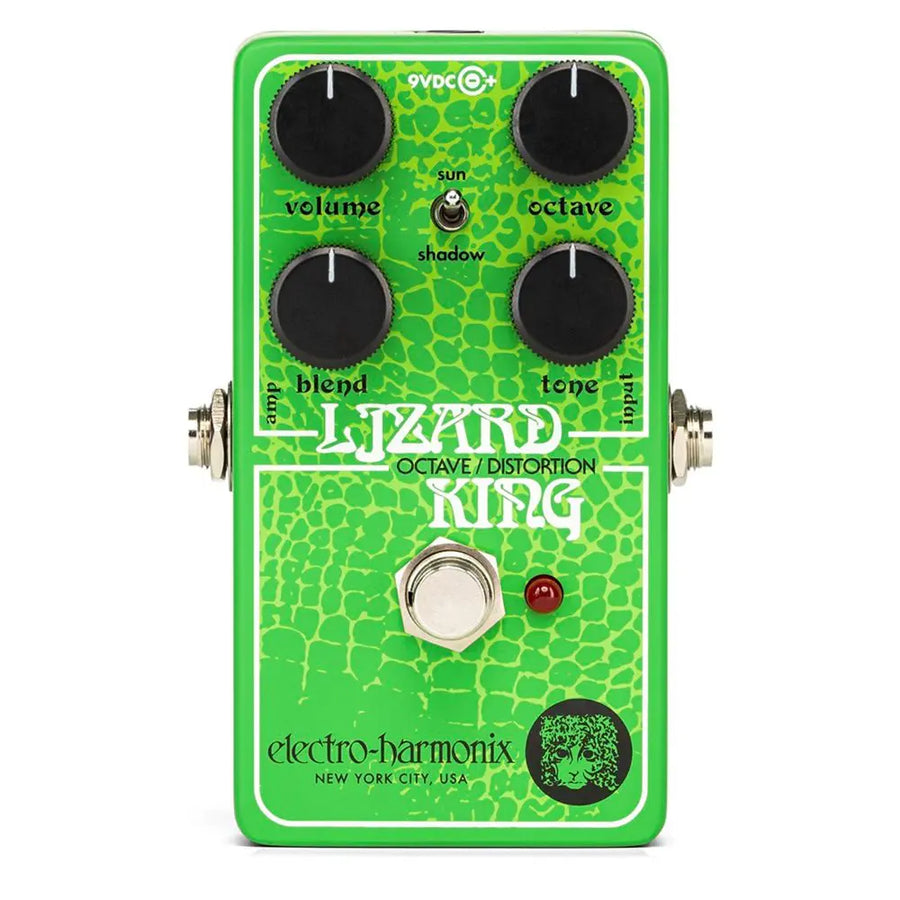 Bright green Electro-Harmonix Lizard King effects pedal with four black knobs, a footswitch, a toggle switch, and a red indicator light.