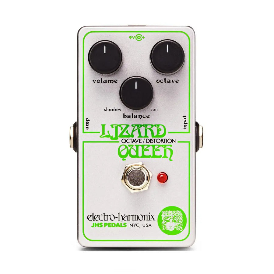 Silver effects pedal with three black knobs labeled volume, octave, and balance, a footswitch, red LED, and “Lizard Queen” in green lettering.