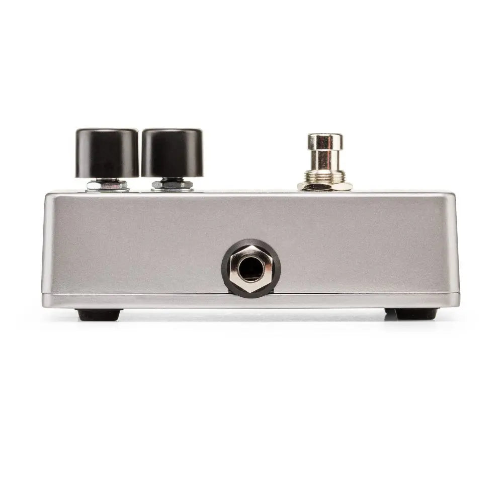 Silver effects pedal with two black knobs, a footswitch, and a single input jack on the front panel, resting on four small rubber feet.