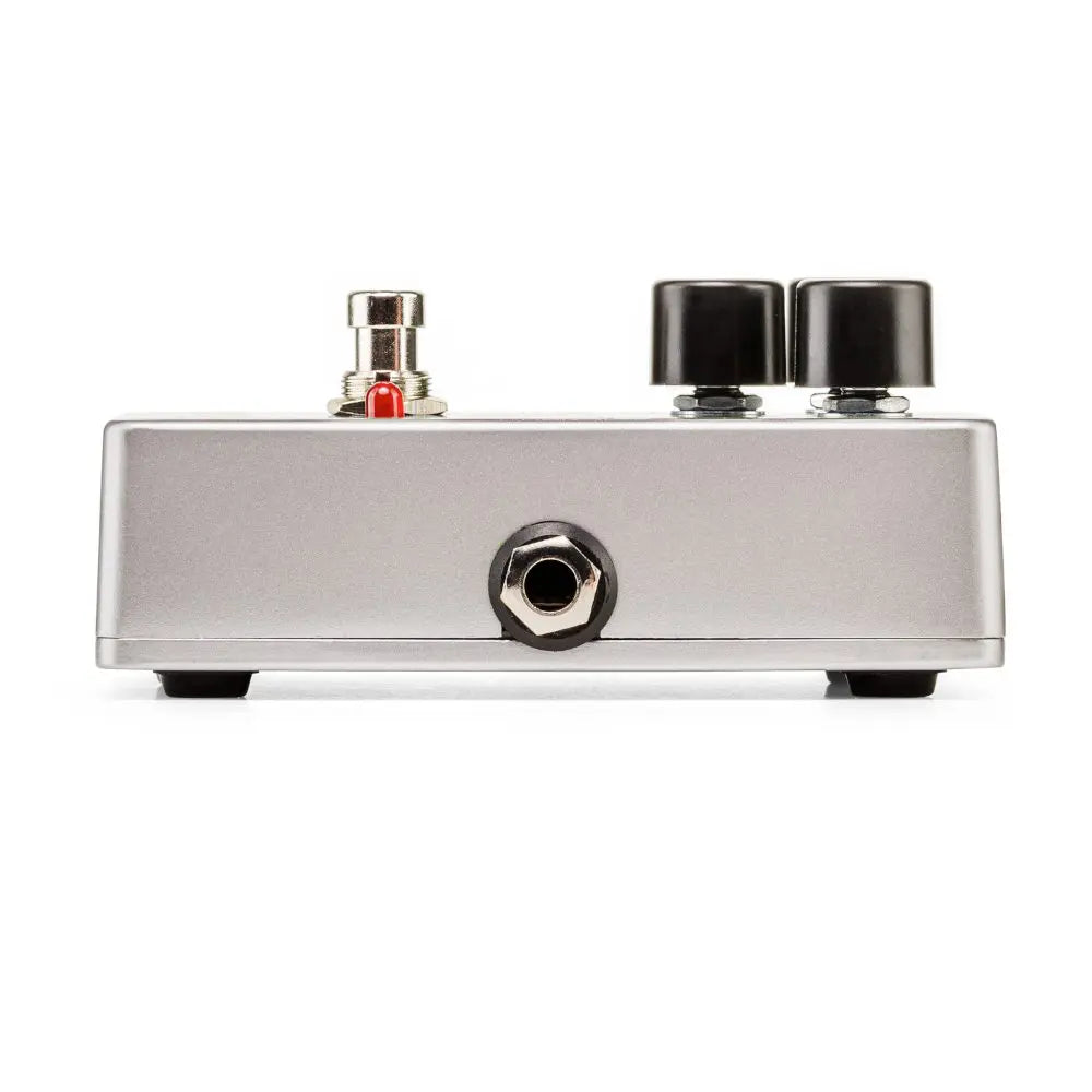 Silver effects pedal with one footswitch, two black control knobs, and a single input jack on the side facing the viewer.