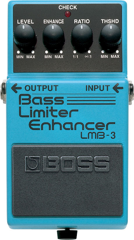 Blue Boss Bass Limiter Enhancer effects pedal with four control knobs labeled Level, Enhance, Ratio, and Threshold, plus input and output jacks.