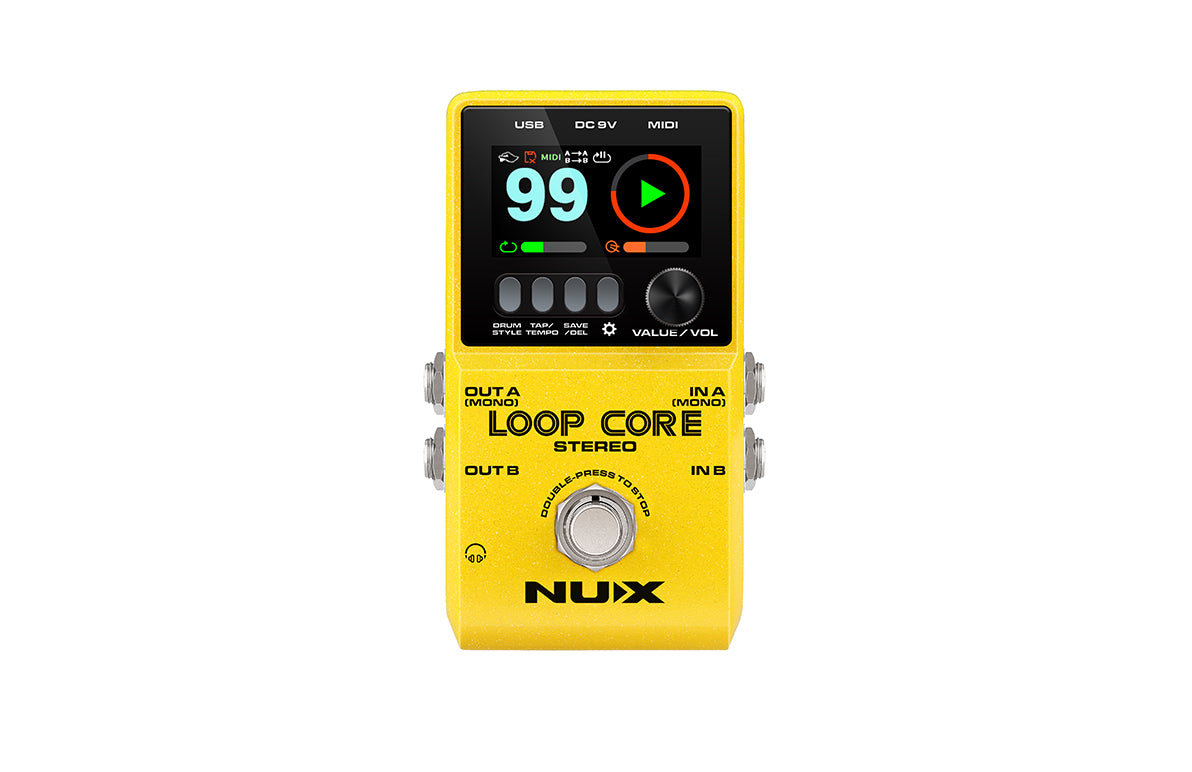 Bright yellow FX pedal labeled Loop Core Stereo, with a digital screen, silver knob, four buttons, and footswitch on front; ports on both sides.