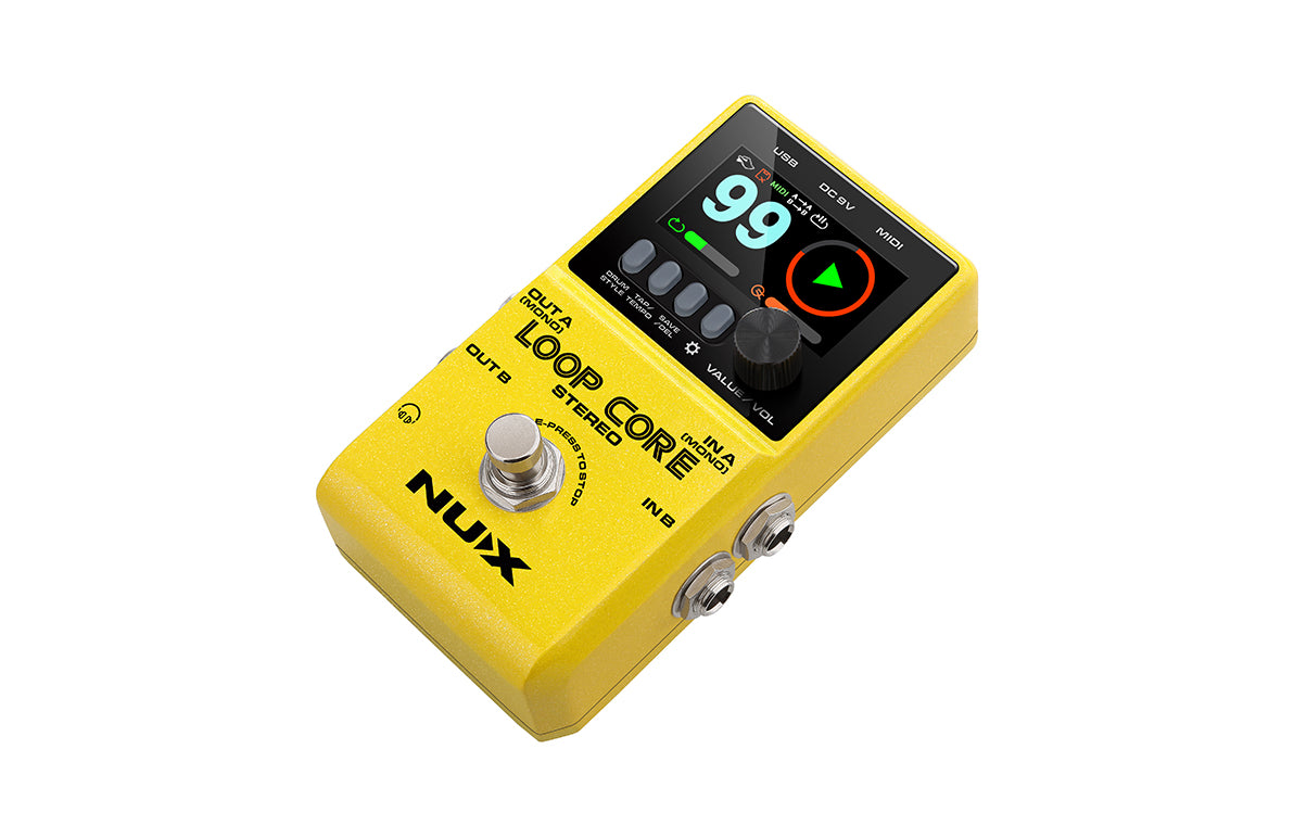 Bright yellow NUX Loop Core Stereo FX pedal with a digital screen, a footswitch, input/output jacks, and multiple control knobs on top.