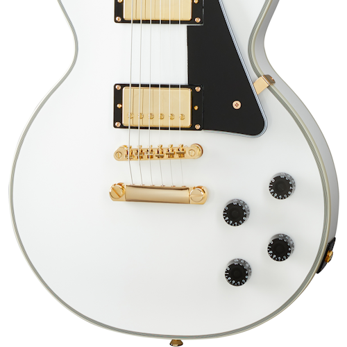 White electric guitar body with gold hardware, four black control knobs, two gold humbucker pickups, and a black pickguard.