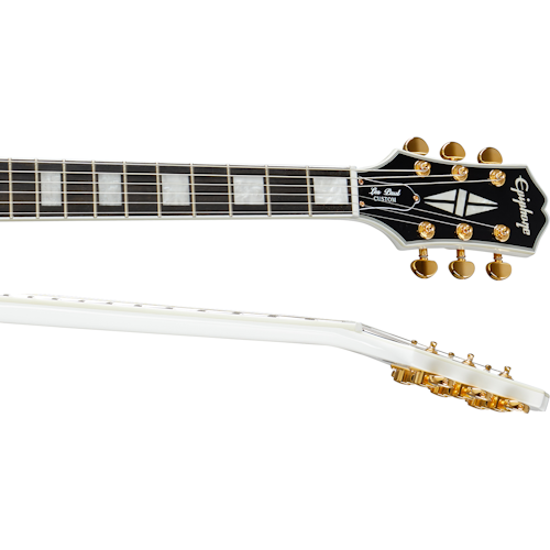 White electric guitar neck and headstock with gold tuning pegs, rectangular inlays on a dark fretboard, and a distinctive inlay on the headstock.