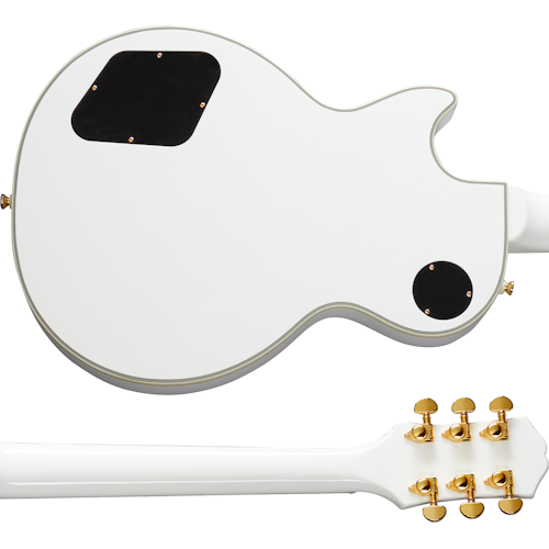White electric guitar viewed from the back, with gold tuning pegs and two black electronic cavity covers.