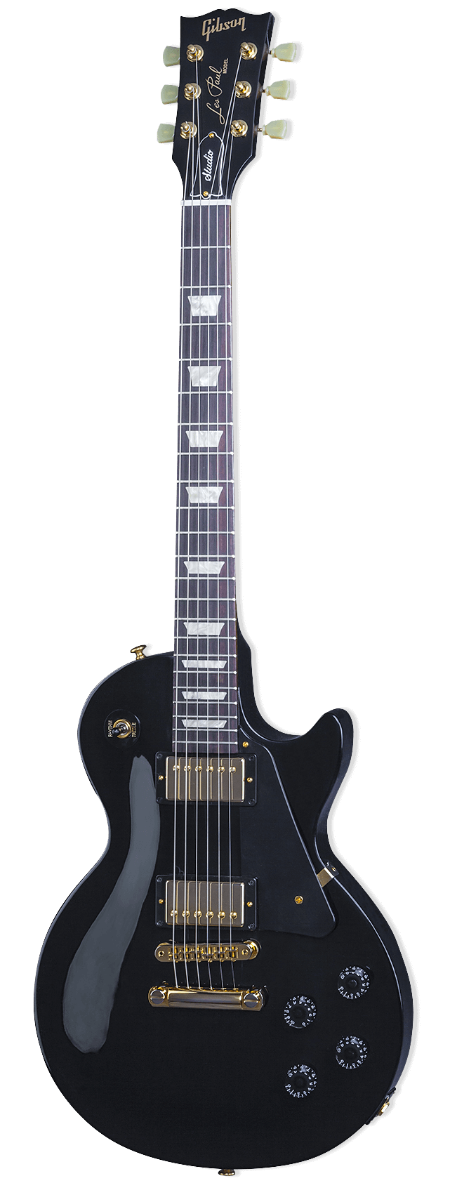 Black electric guitar with gold hardware, dual humbucker pickups, four control knobs, and trapezoid inlays on a rosewood fretboard.