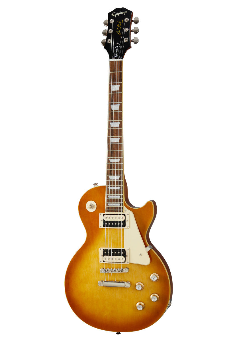 Epiphone Les Paul electric guitar with a sunburst finish, dual humbucker pickups, cream pickguard, and four control knobs.