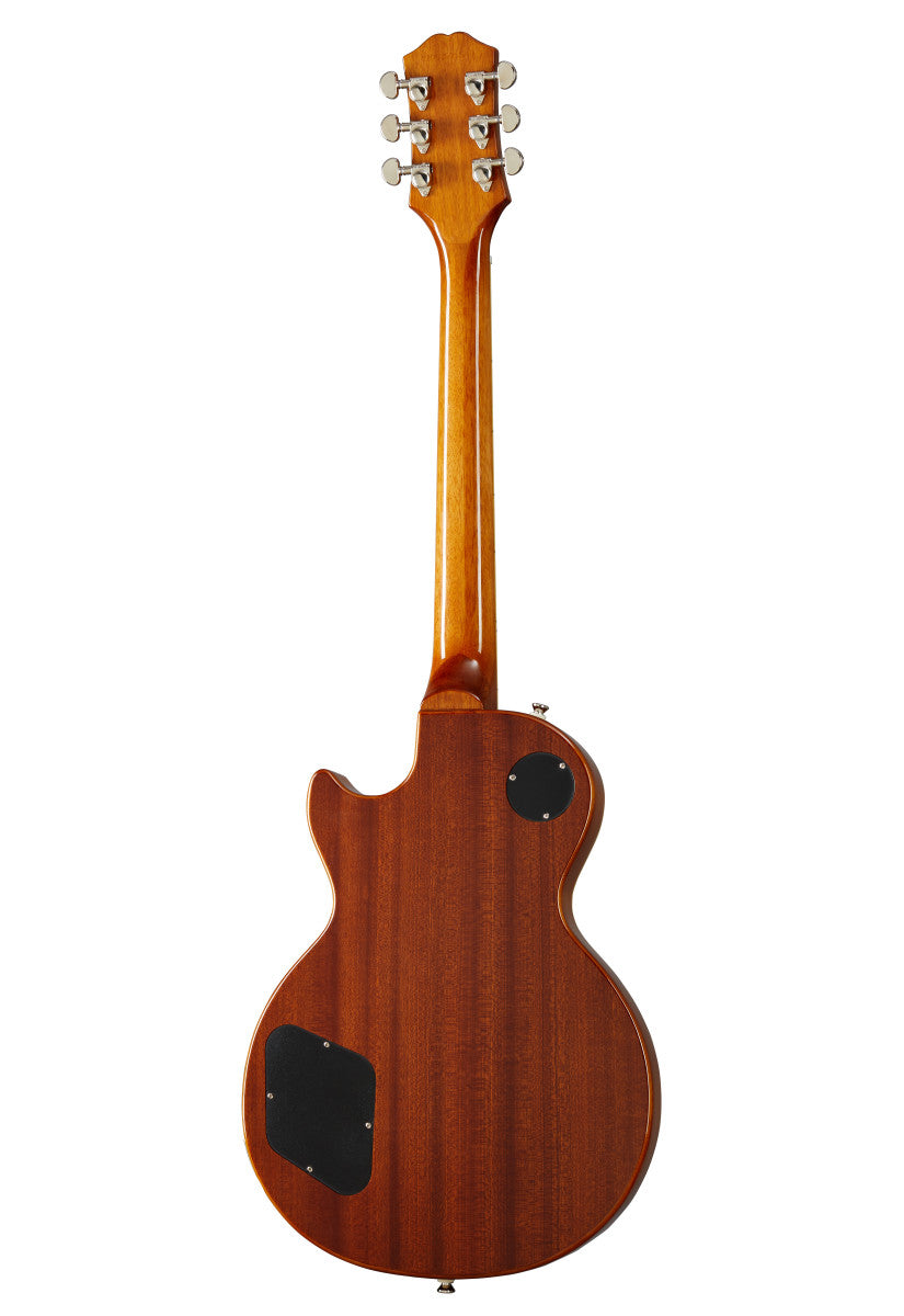 Rear view of a brown electric guitar showing the neck, tuning pegs, and two black electronic cavity covers on the wooden body.