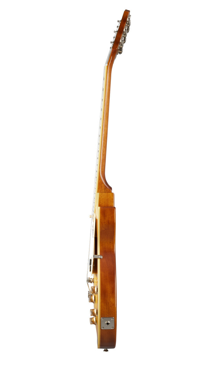 Side view of an electric guitar showing the brown wooden body, neck, tuning pegs, control knobs, and input jack.