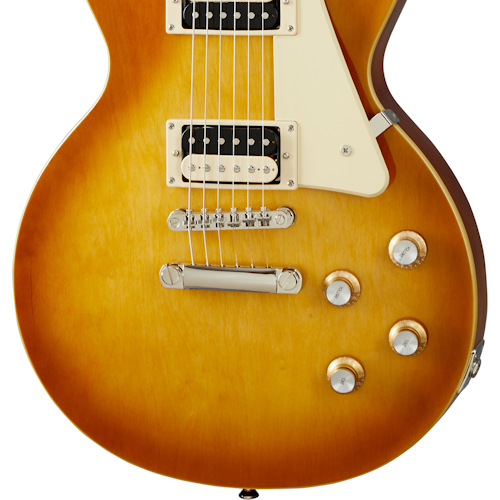 Sunburst finish electric guitar with two humbucker pickups, white pickguard, four control knobs, and a chrome bridge and tailpiece.